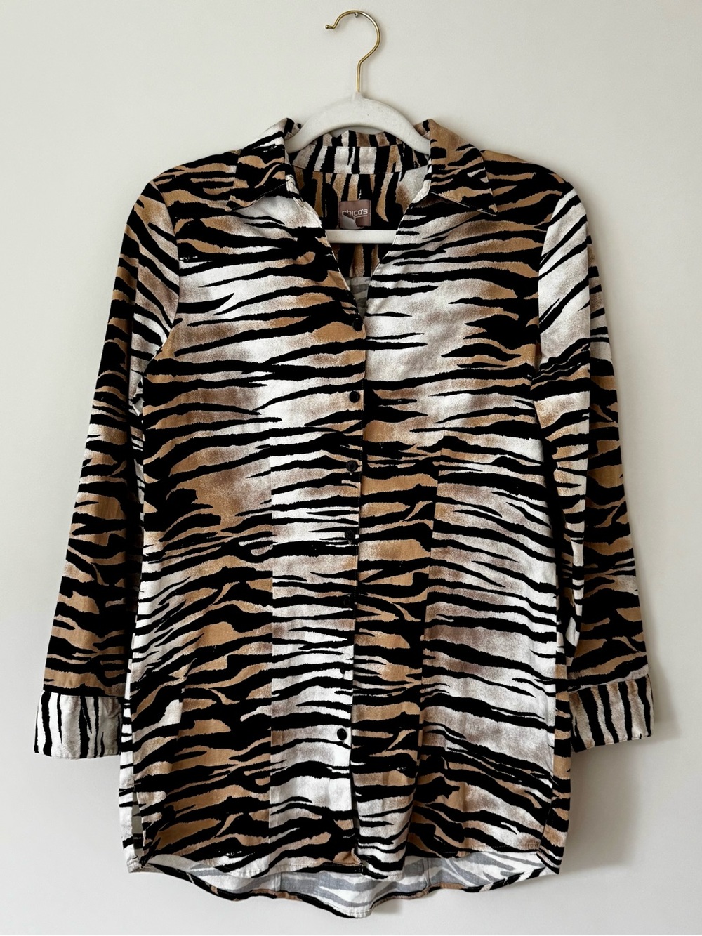 Vintage Chico’s Tiger Animal Print Button Down Top, Neutral & Black – 0 (XS / S)
